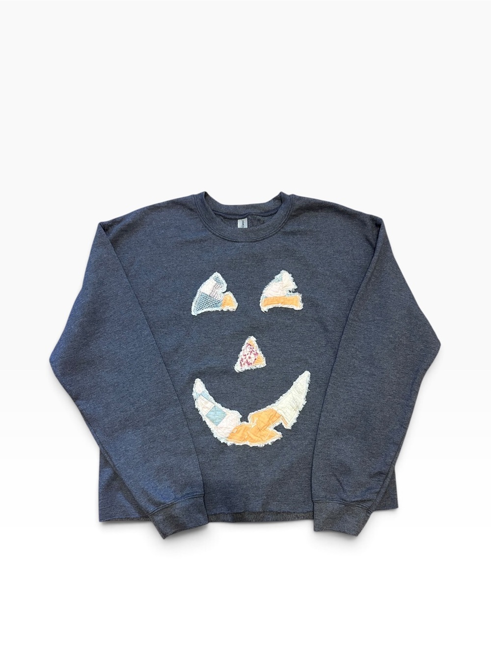 Woman’s Distressed Unique Patchwork Pumpkin Sweatshirt Medium